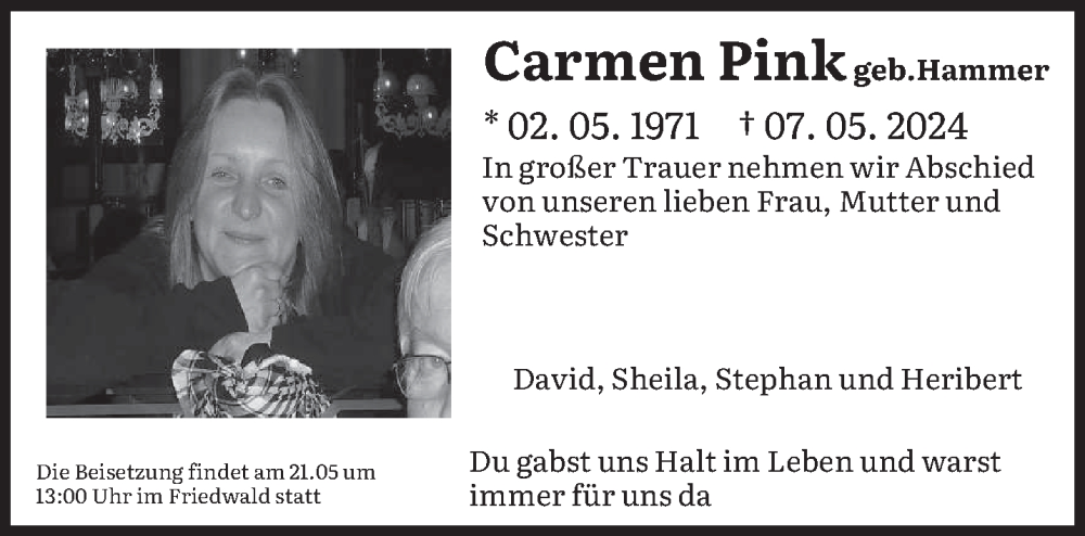  Traueranzeige für Carmen Pink vom 18.06.2024 aus saarbruecker_zeitung