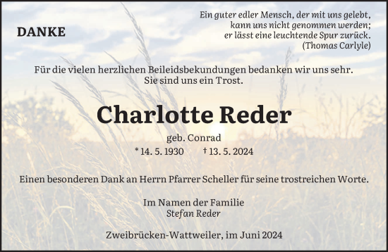 Traueranzeige von Charlotte Reder von saarbruecker_zeitung
