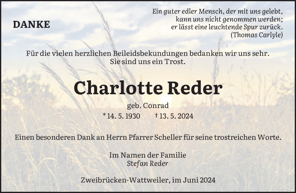  Traueranzeige für Charlotte Reder vom 29.06.2024 aus saarbruecker_zeitung
