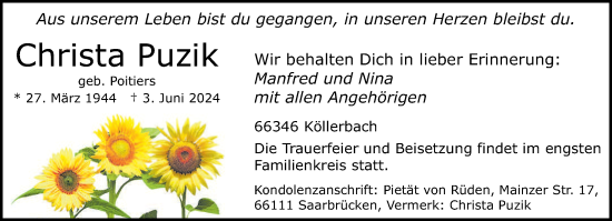 Traueranzeige von Christa Puzik von saarbruecker_zeitung