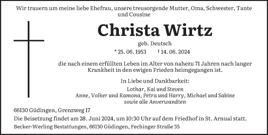 Traueranzeige von Christa Wirtz von saarbruecker_zeitung