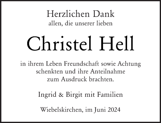 Traueranzeige von Christel Hell von saarbruecker_zeitung