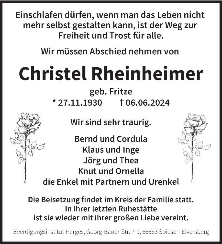  Traueranzeige für Christel Rheinheimer vom 15.06.2024 aus saarbruecker_zeitung