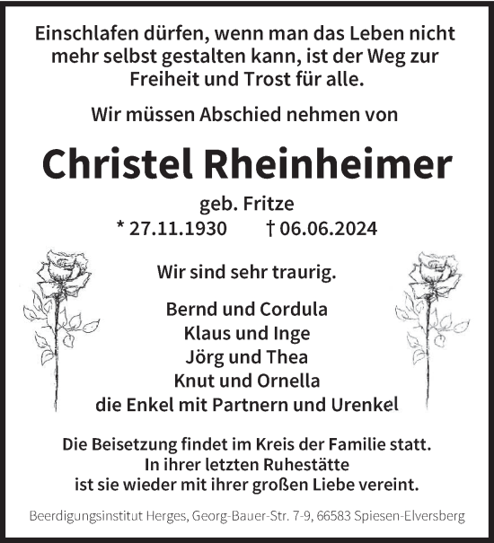 Traueranzeige von Christel Rheinheimer von saarbruecker_zeitung