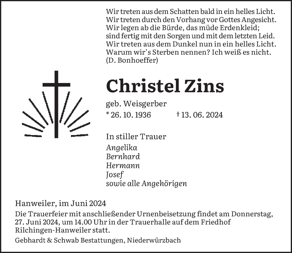  Traueranzeige für Christel Zins vom 22.06.2024 aus saarbruecker_zeitung