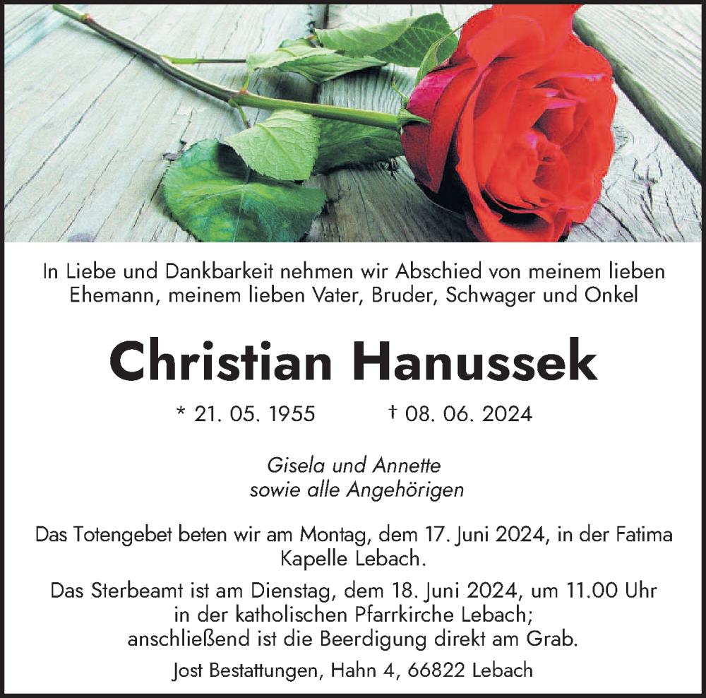  Traueranzeige für Christian Hanussek vom 14.06.2024 aus saarbruecker_zeitung