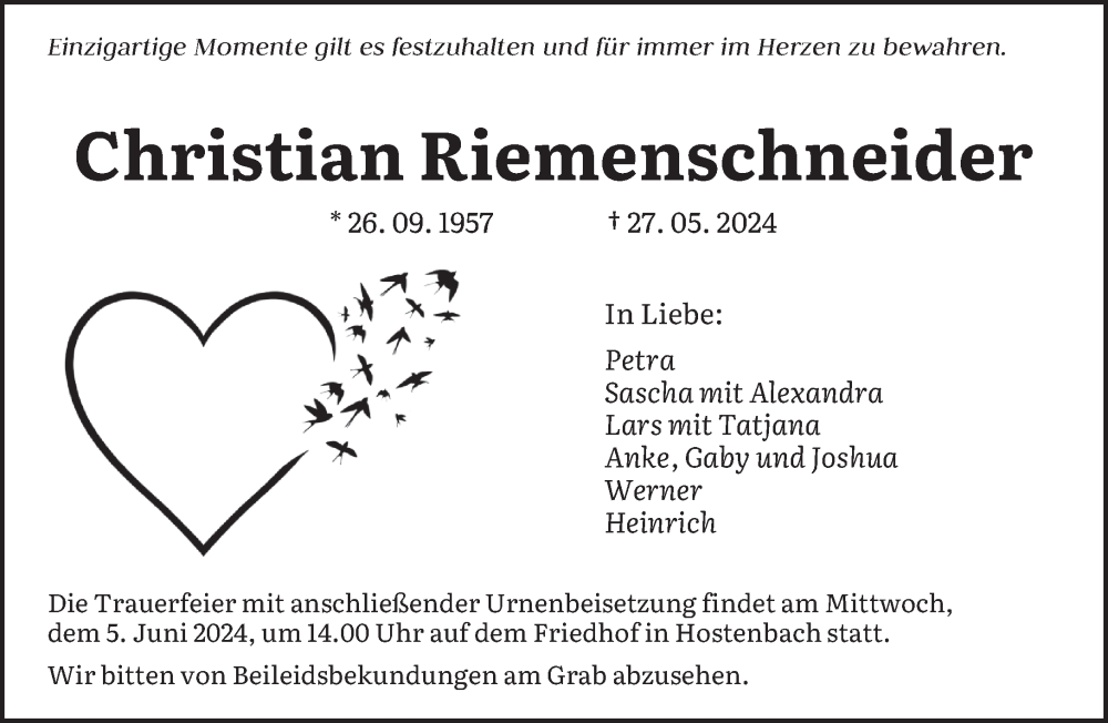  Traueranzeige für Christian Riemenschneider vom 01.06.2024 aus saarbruecker_zeitung