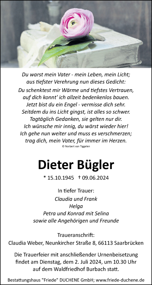  Traueranzeige für Dieter Bügler vom 22.06.2024 aus saarbruecker_zeitung
