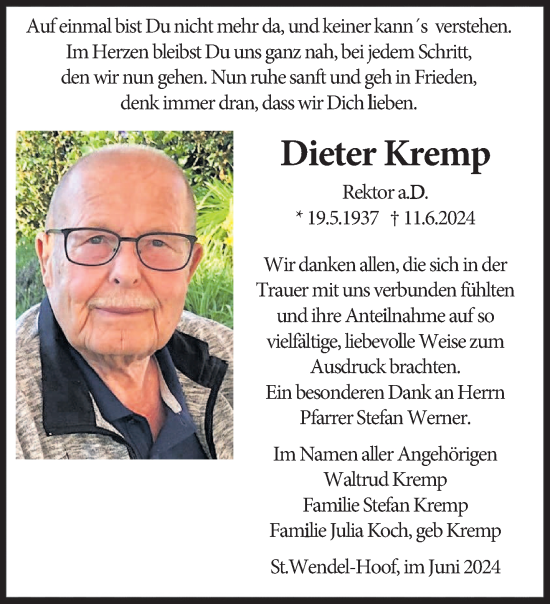 Traueranzeige von Dieter Kremp von saarbruecker_zeitung