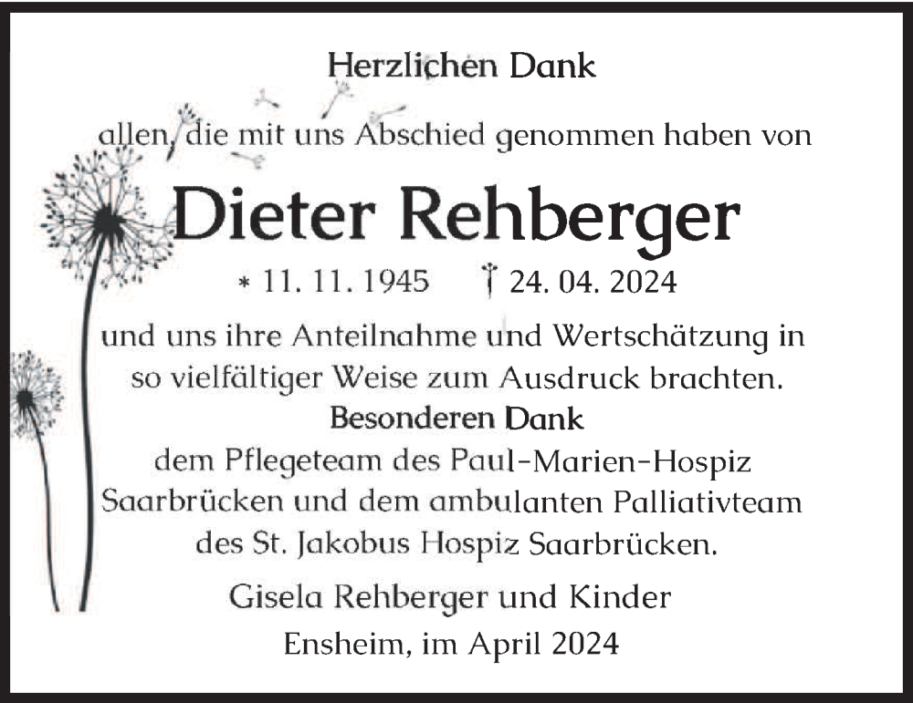  Traueranzeige für Dieter Rehberger vom 08.06.2024 aus saarbruecker_zeitung