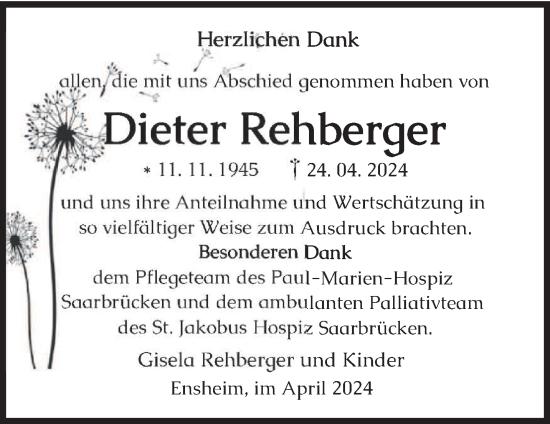 Traueranzeige von Dieter Rehberger von saarbruecker_zeitung