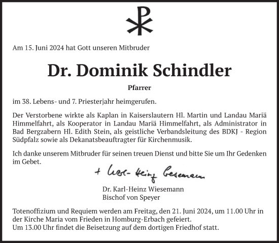 Traueranzeige von Dominik Schindler von saarbruecker_zeitung