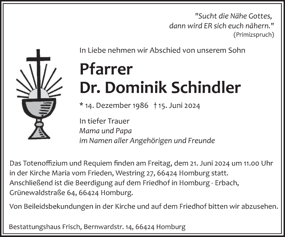  Traueranzeige für Dominik Schindler vom 18.06.2024 aus saarbruecker_zeitung