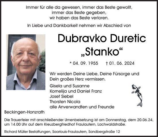 Traueranzeige von Dubravko Duretic von saarbruecker_zeitung
