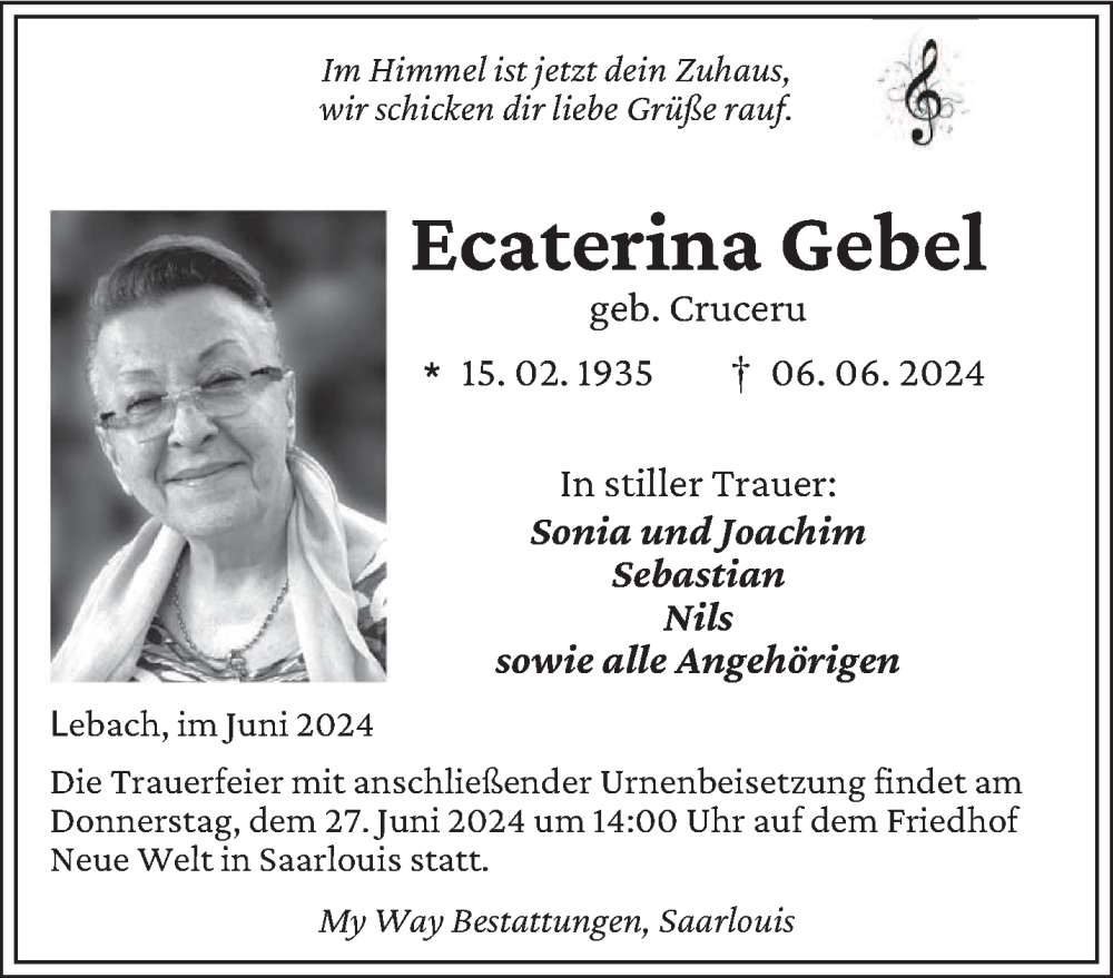  Traueranzeige für Ecaterina Gebel vom 22.06.2024 aus saarbruecker_zeitung