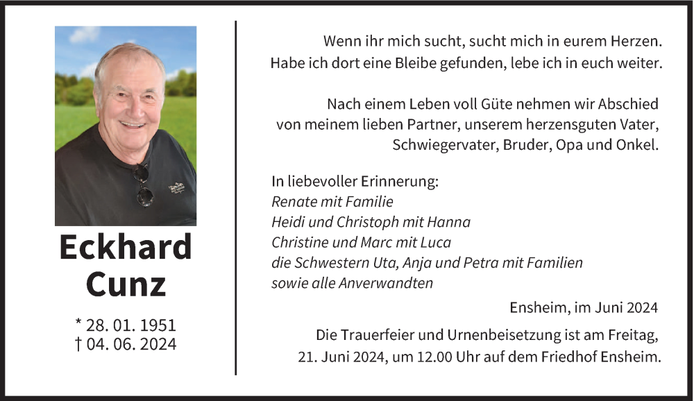  Traueranzeige für Eckkhard Cunz vom 15.06.2024 aus saarbruecker_zeitung