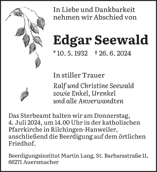 Traueranzeige von Edgar Seewald von saarbruecker_zeitung