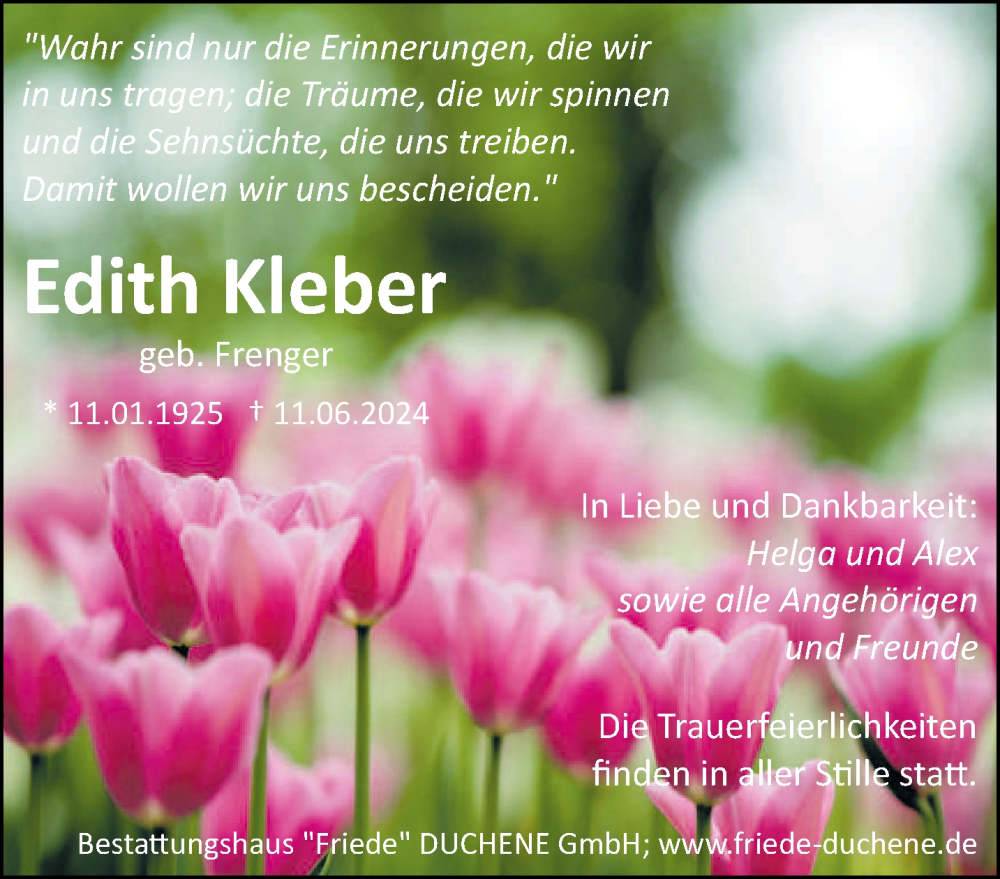  Traueranzeige für Edith Kleber vom 15.06.2024 aus saarbruecker_zeitung