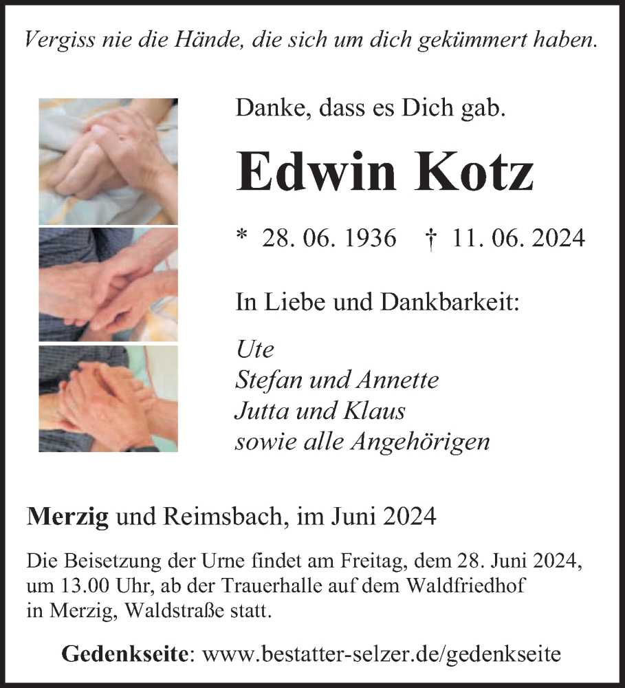  Traueranzeige für Edwin Kotz vom 22.06.2024 aus saarbruecker_zeitung