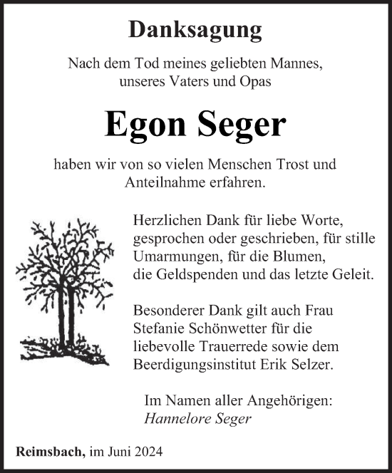 Traueranzeige von Egon Seger von saarbruecker_zeitung