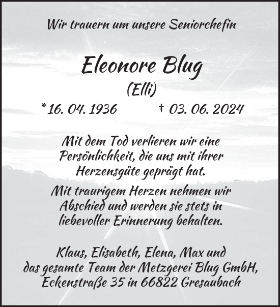 Traueranzeige von Eleonore Blug von saarbruecker_zeitung