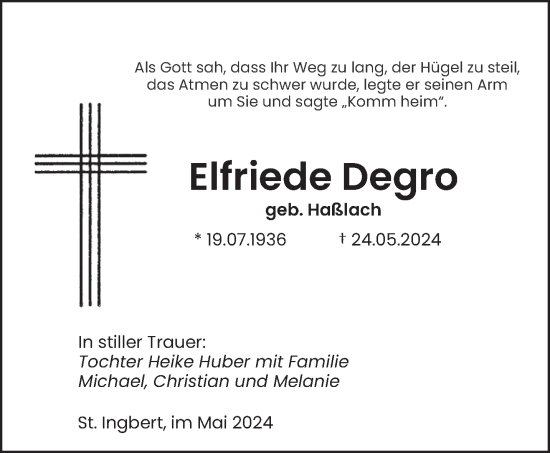 Traueranzeige von Elfriede Degro von saarbruecker_zeitung