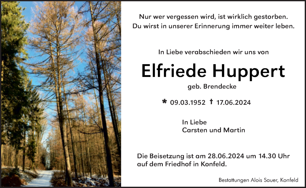  Traueranzeige für Elfriede Huppert vom 27.06.2024 aus saarbruecker_zeitung