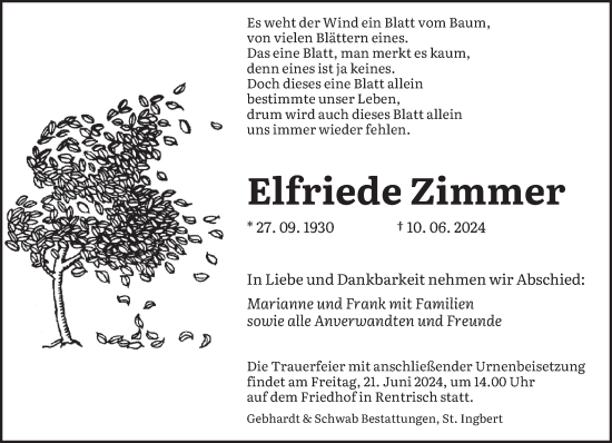 Traueranzeige von Elfriede Zimmer von saarbruecker_zeitung