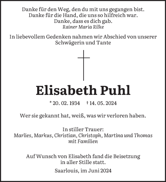 Traueranzeige von Elisabeth Puhl von saarbruecker_zeitung