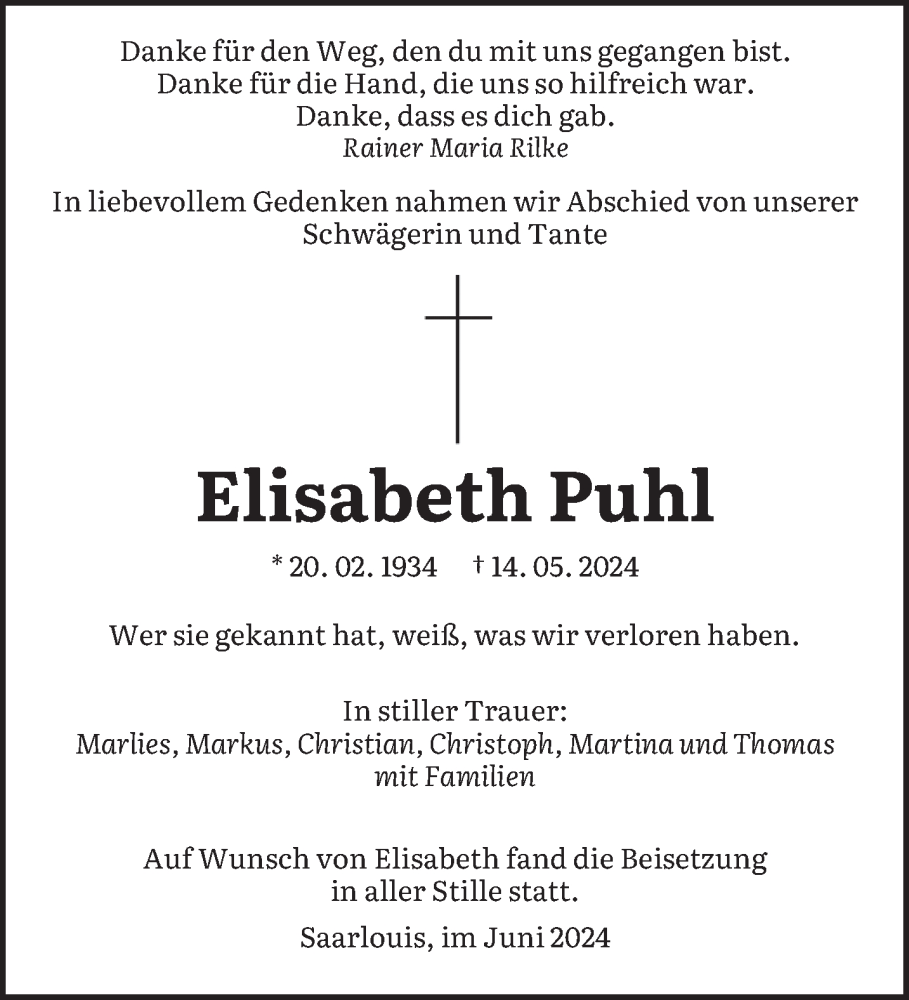  Traueranzeige für Elisabeth Puhl vom 22.06.2024 aus saarbruecker_zeitung