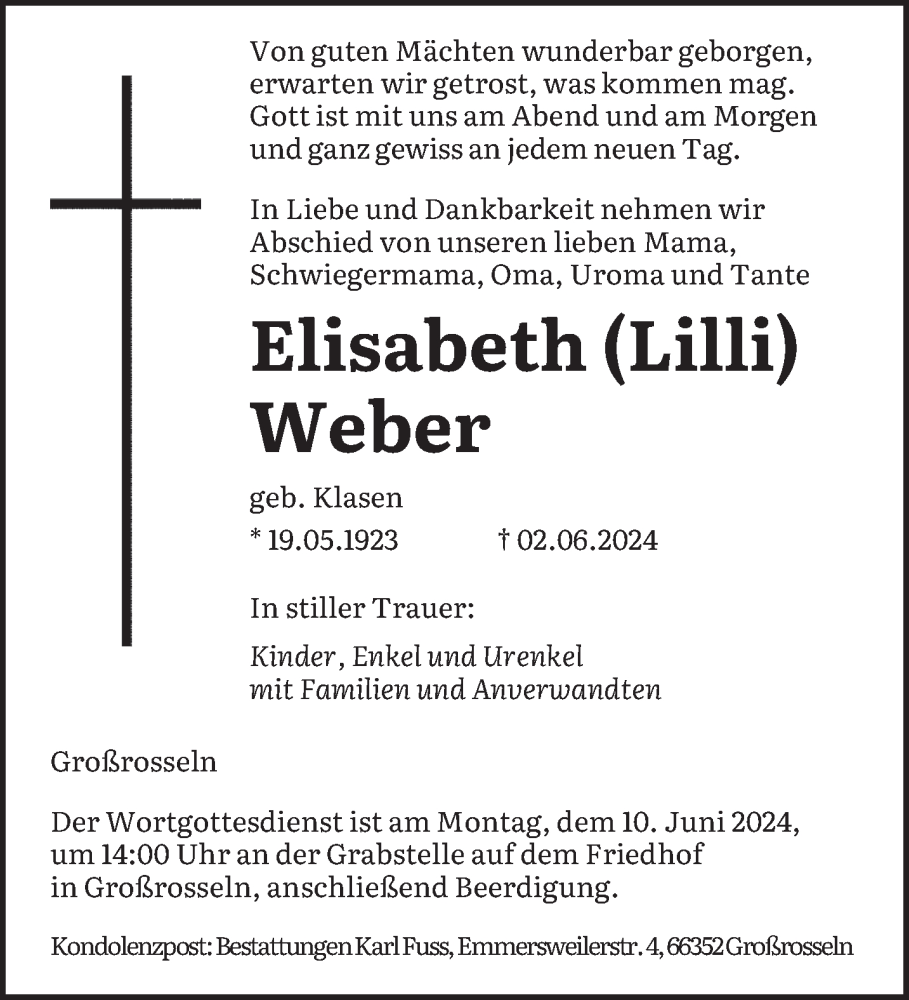  Traueranzeige für Elisabeth Weber vom 05.06.2024 aus saarbruecker_zeitung