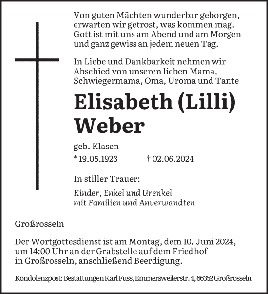 Traueranzeige von Elisabeth Weber von saarbruecker_zeitung