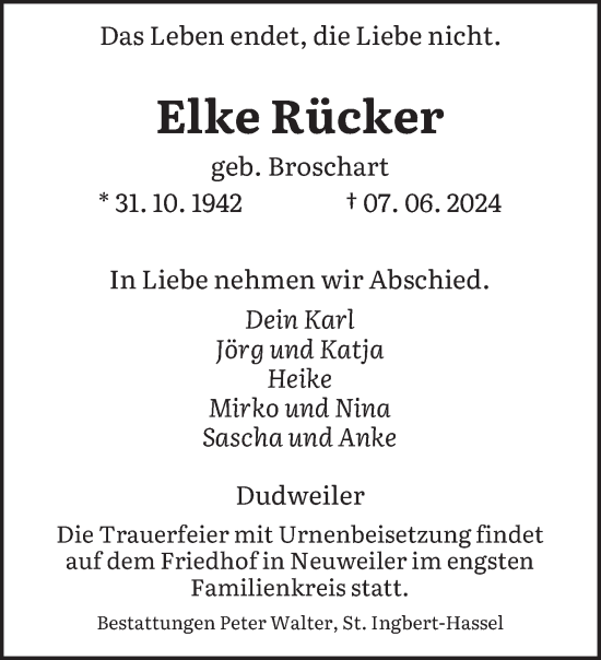 Traueranzeige von Elke Rücker von saarbruecker_zeitung