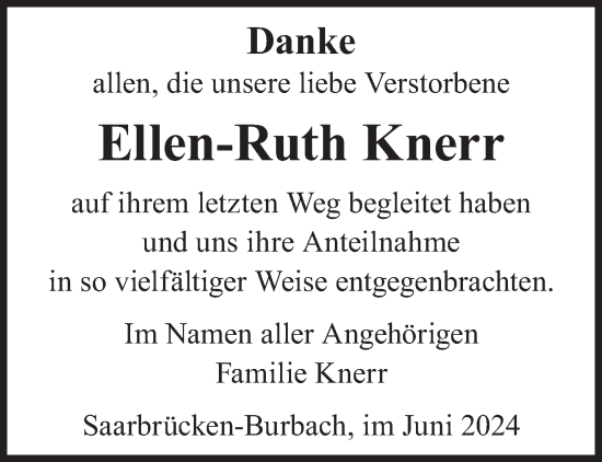 Traueranzeige von Ellen-Ruth Knerr von saarbruecker_zeitung