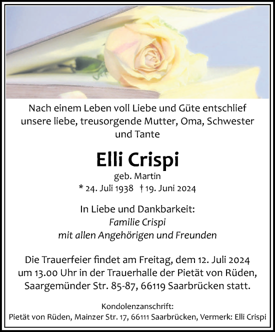 Traueranzeige von Elli Crispi von saarbruecker_zeitung