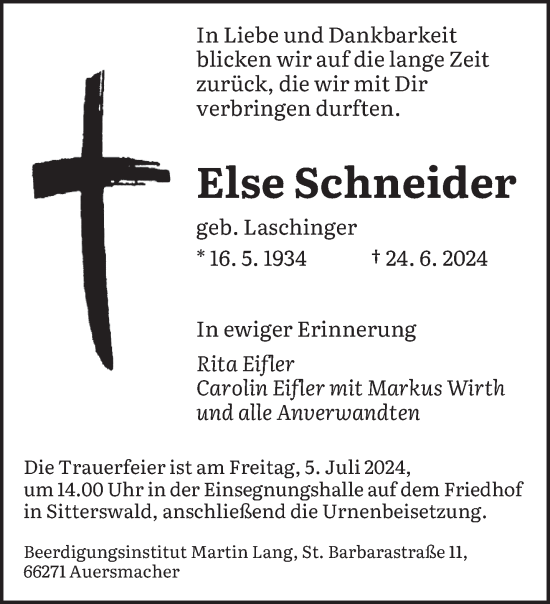 Traueranzeige von Else Schneider von saarbruecker_zeitung