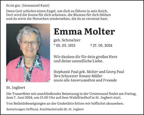 Traueranzeige von Emma Molter von saarbruecker_zeitung