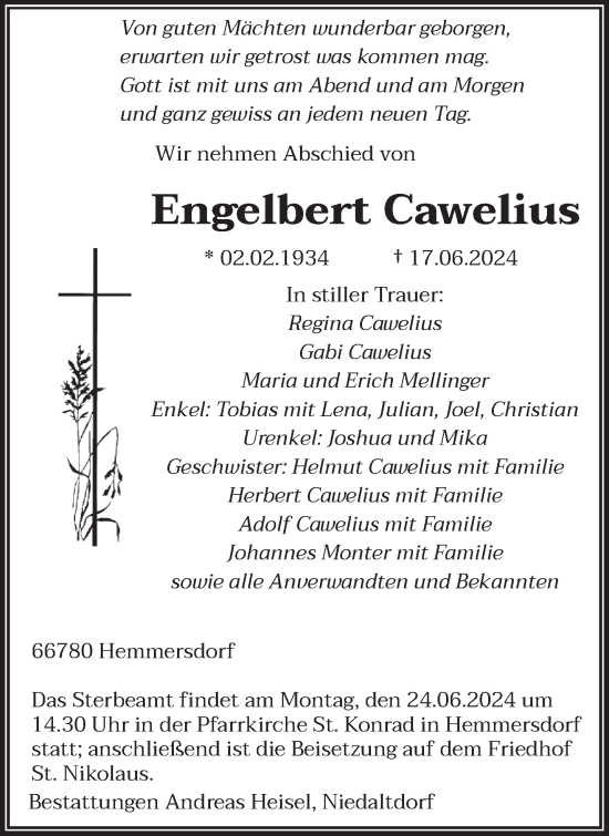 Traueranzeige von Engelbert Cawelius von saarbruecker_zeitung