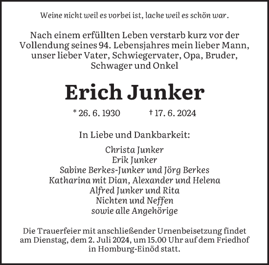 Traueranzeige von Erich Junker von saarbruecker_zeitung