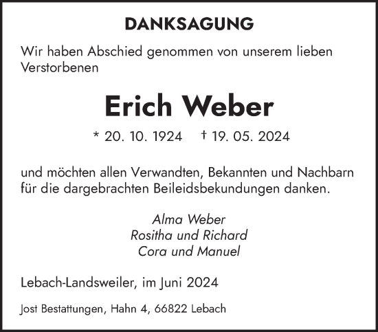 Traueranzeige von Erich Weber von saarbruecker_zeitung
