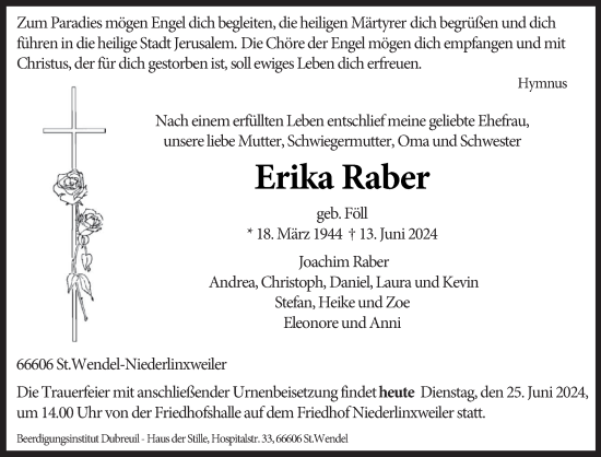 Traueranzeige von Erika Raber von saarbruecker_zeitung