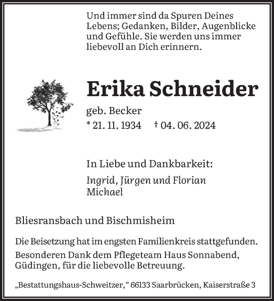 Traueranzeige von Erika Schneider von saarbruecker_zeitung