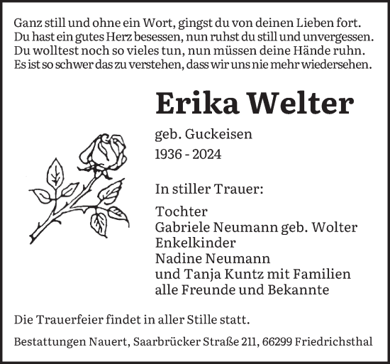 Traueranzeige von Erika Welter von saarbruecker_zeitung