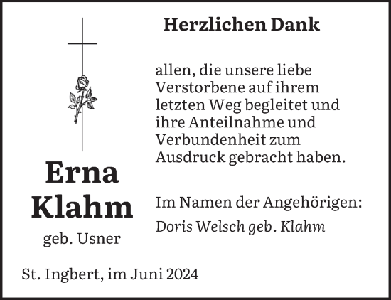 Traueranzeige von Erna Klahm von saarbruecker_zeitung