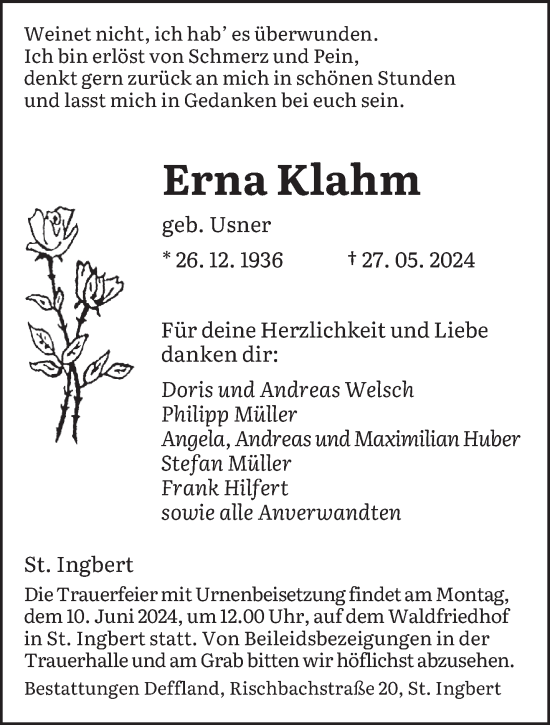 Traueranzeige von Erna Klahm von saarbruecker_zeitung