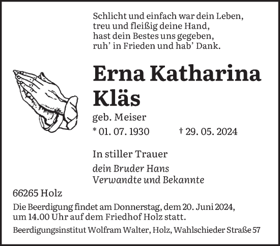 Traueranzeige von Erna Katharina Kläs von saarbruecker_zeitung