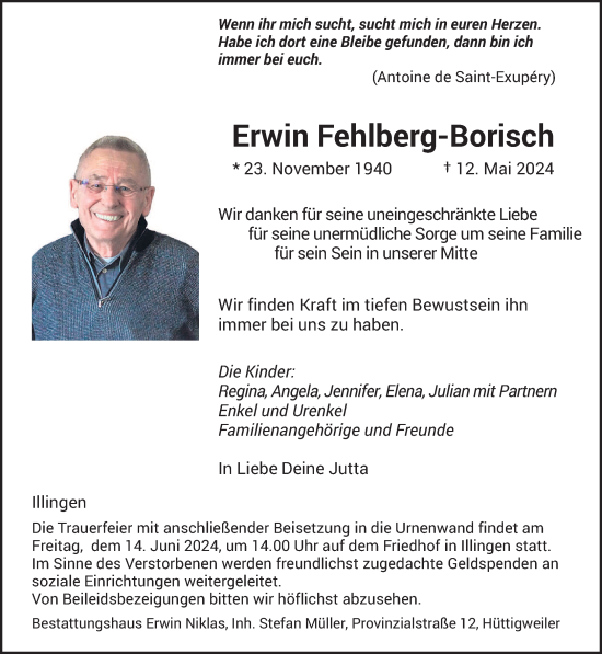 Traueranzeige von Erwin Fehlberg-Borisch von saarbruecker_zeitung