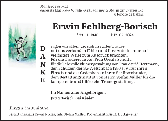 Traueranzeige von Erwin Fehlberg-Borisch von saarbruecker_zeitung