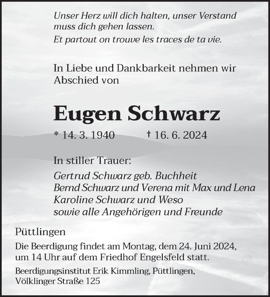  Traueranzeige für Eugen Schwarz vom 22.06.2024 aus saarbruecker_zeitung