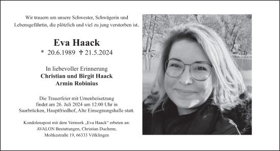 Traueranzeige von Eva Haack von saarbruecker_zeitung